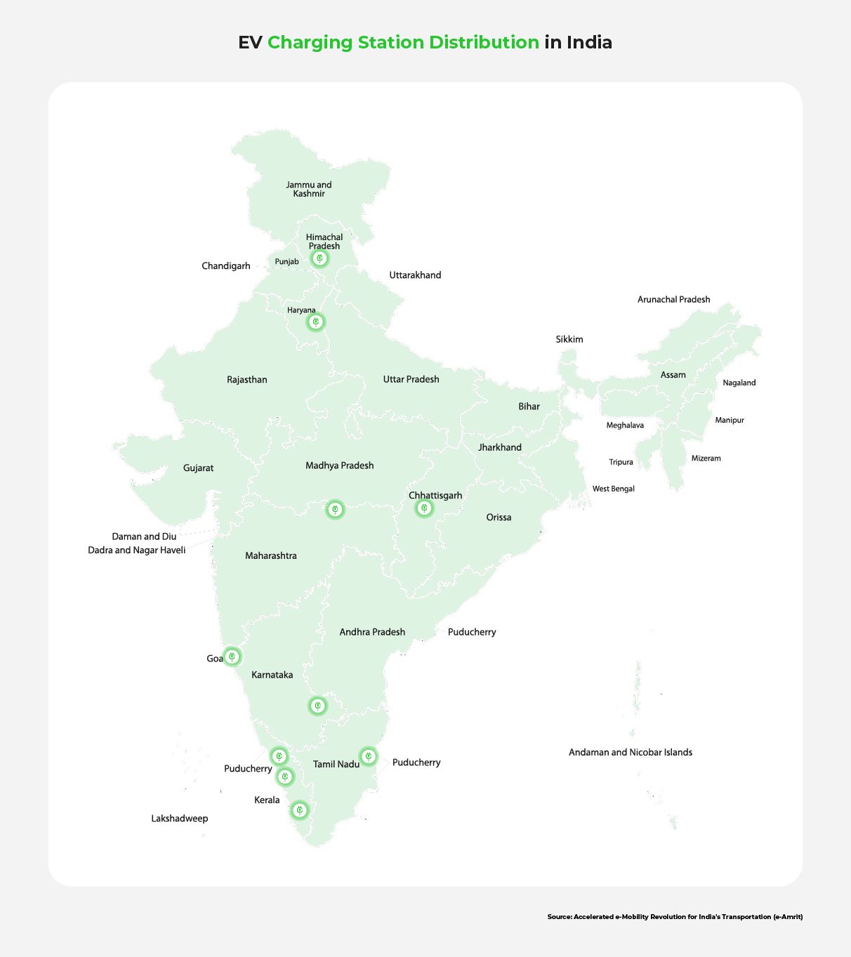  Map showing the uneven distribution of charging stations across India.